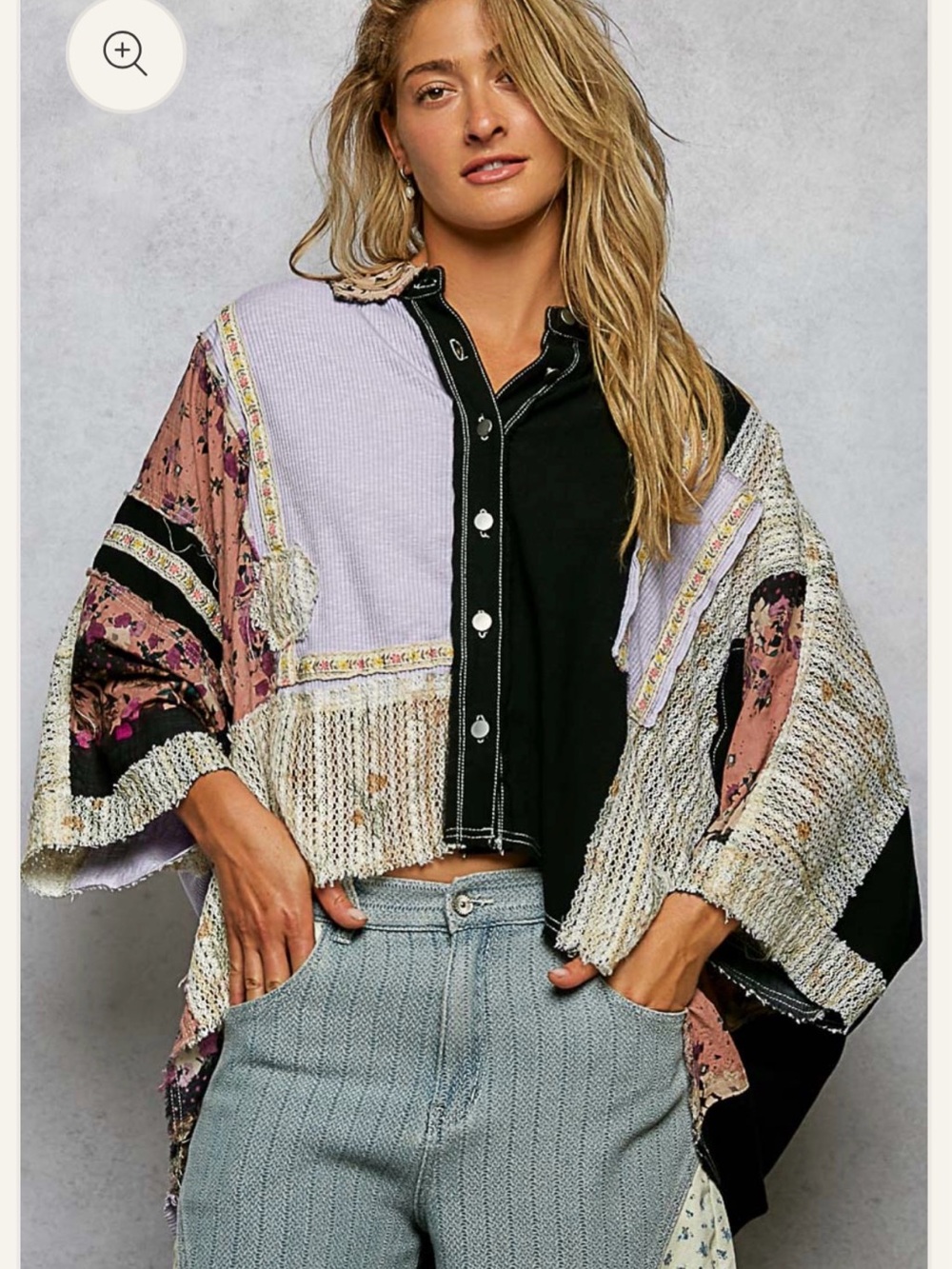 POL OVERSIZED POL Textured Woven, Crochet Contrast 3/4 Sleeve Button Down